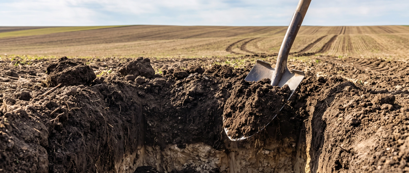 A spade cutting into deep, dark, crumbly prairie topsoil in a cultivated field, showing a rich soil profile