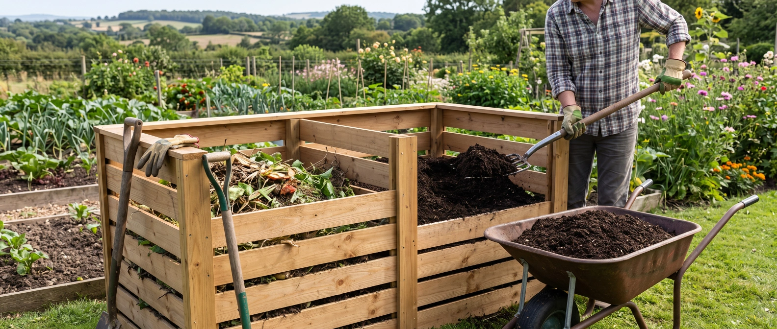 Dark, crumbly finished compost being forked out of one chamber of a two-chamber bin onto a wheelbarrow