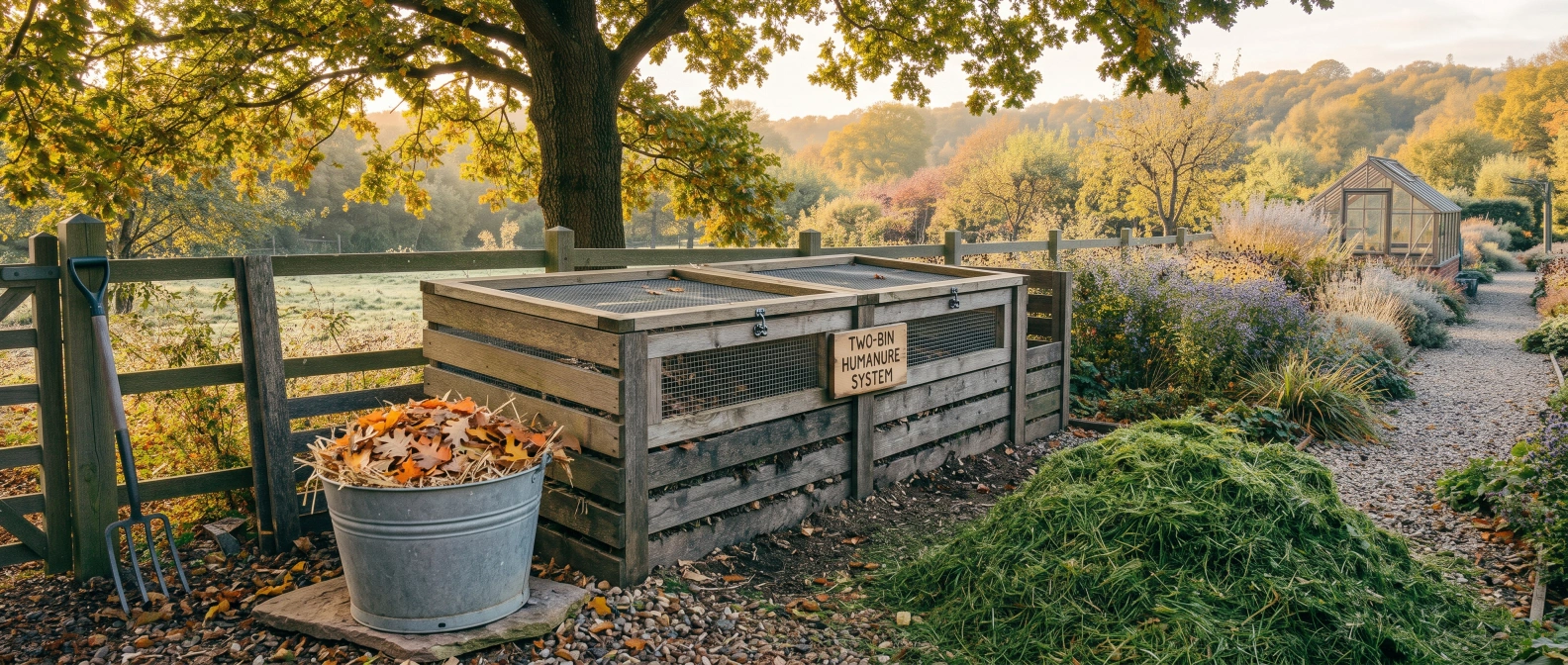 A covered two-bin humanure compost system beside a farmhouse garden, with a bucket of dry straw and fallen leaves used as cover material beside it