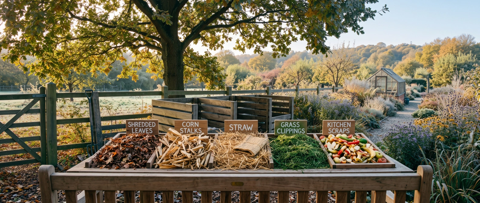 A sorted array of compost materials laid out on a timber bench: shredded autumn leaves, corn stalks, straw, fresh grass clippings and kitchen scraps