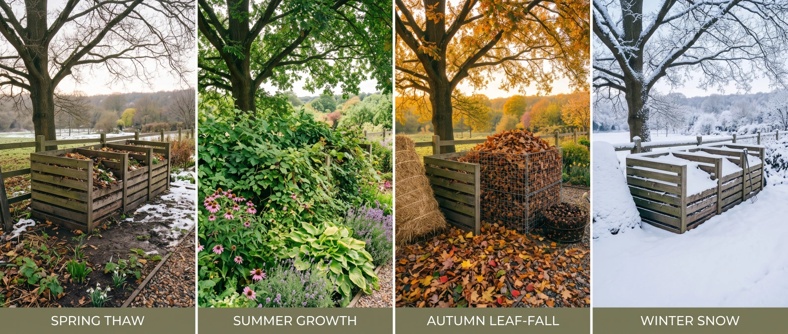 Four small scenes of the same compost bin through spring thaw, summer growth, autumn leaf-fall and winter snow