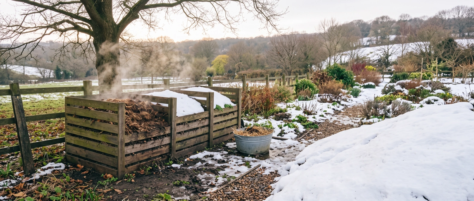 A compost heap half thawed at the edge of a snowbank, steam rising gently from the exposed material