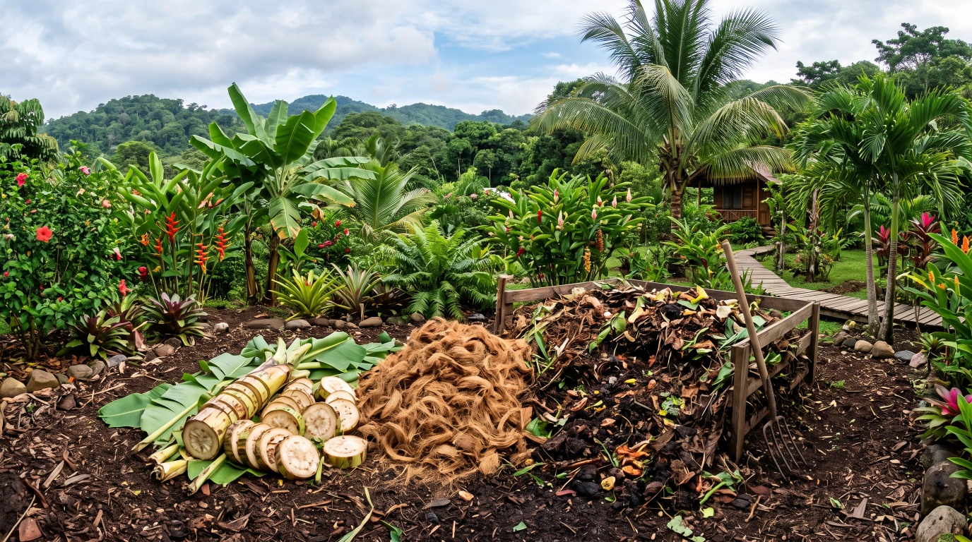 A chopped banana pseudostem and a pile of shredded coconut husk fibre beside a compost heap in a tropical garden