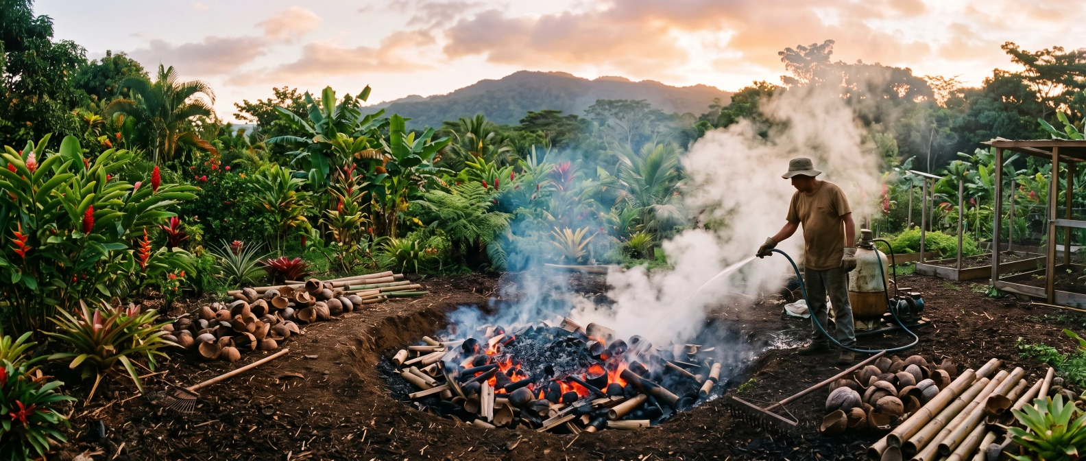 Coconut shells and bamboo offcuts smouldering into charcoal in a shallow earth pit, being quenched with water to make biochar