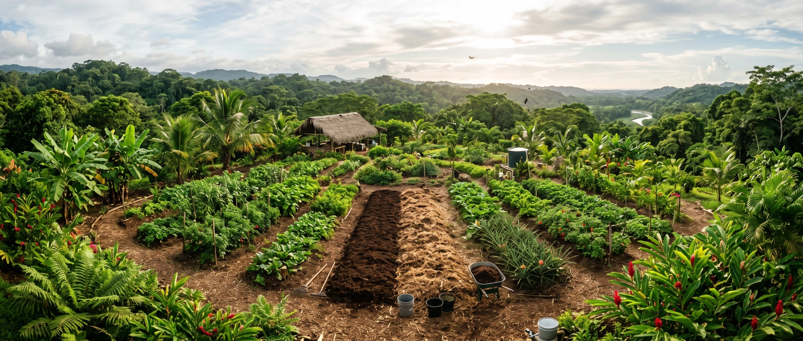 Rotated tropical garden beds, one freshly composted and mulched just ahead of the wet season