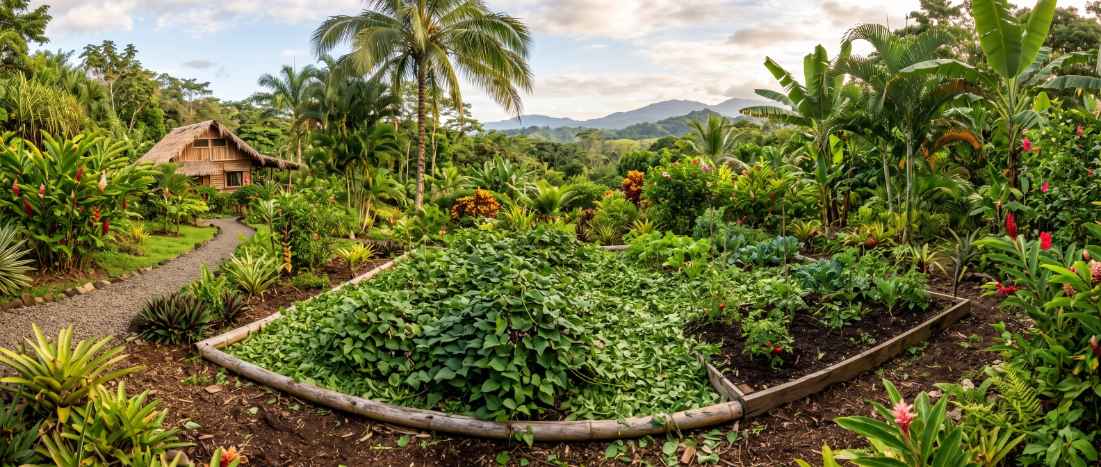 A tropical garden bed with mucuna velvet bean vines chopped and dropped as a fresh green mulch layer