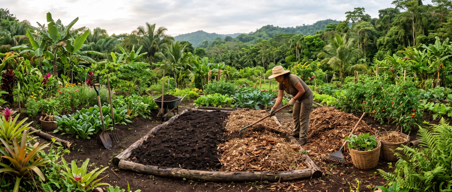 Dark, crumbly finished compost being worked into a garden bed and immediately covered with a layer of mulch