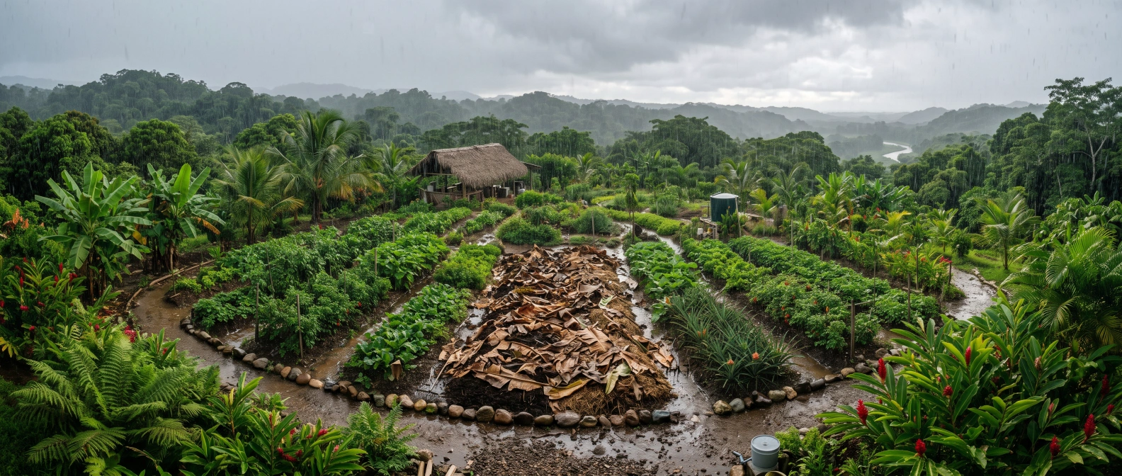 A thick layer of compost and dried banana leaf mulch on an undug garden bed absorbing heavy tropical rain