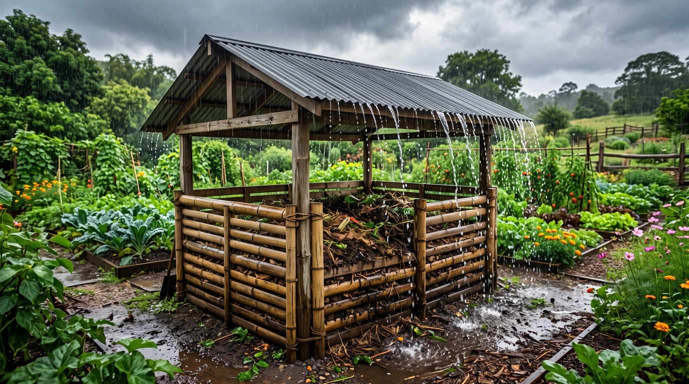A compost bin with slatted bamboo side walls under a pitched corrugated roof with a wide overhang, rain streaming off the edge