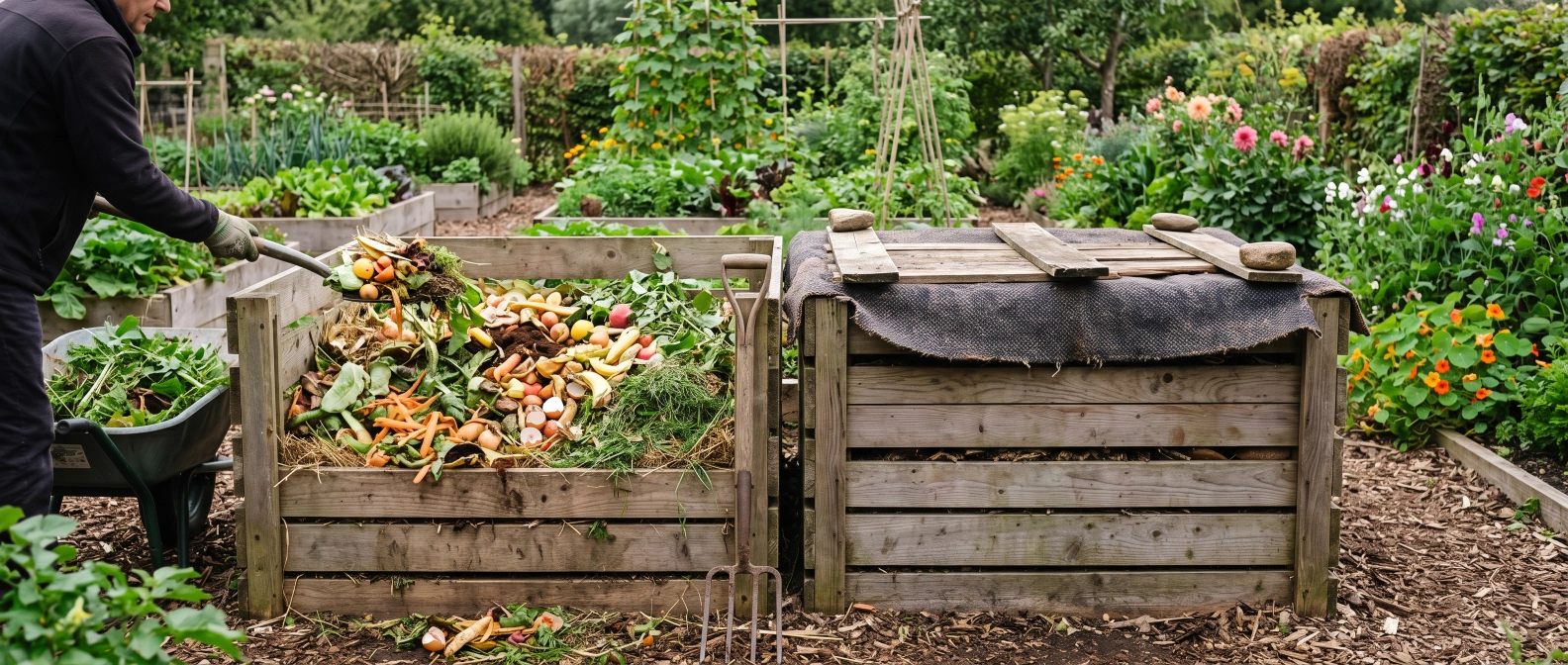 Two adjoining wooden compost bays, one actively being filled, one resting and covered