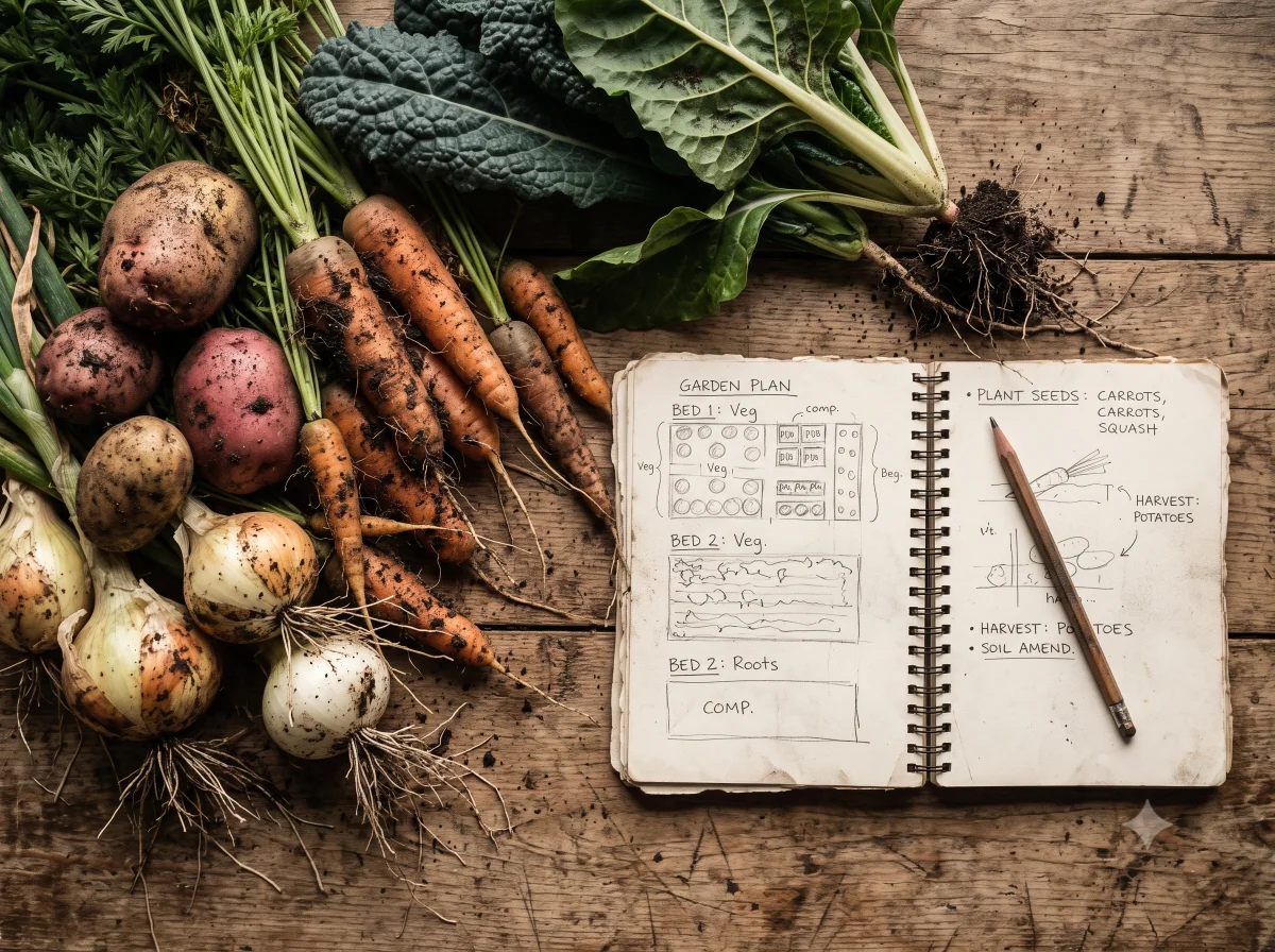 Overhead view of freshly harvested carrots, potatoes and leafy greens on a wooden table beside a hand-drawn garden plan