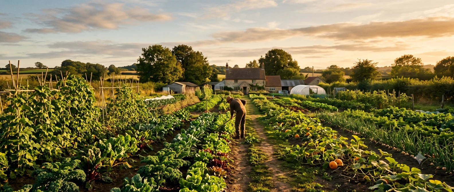 A thriving home vegetable garden at golden hour, with rows of leafy greens, climbing beans and a cottage in the distance
