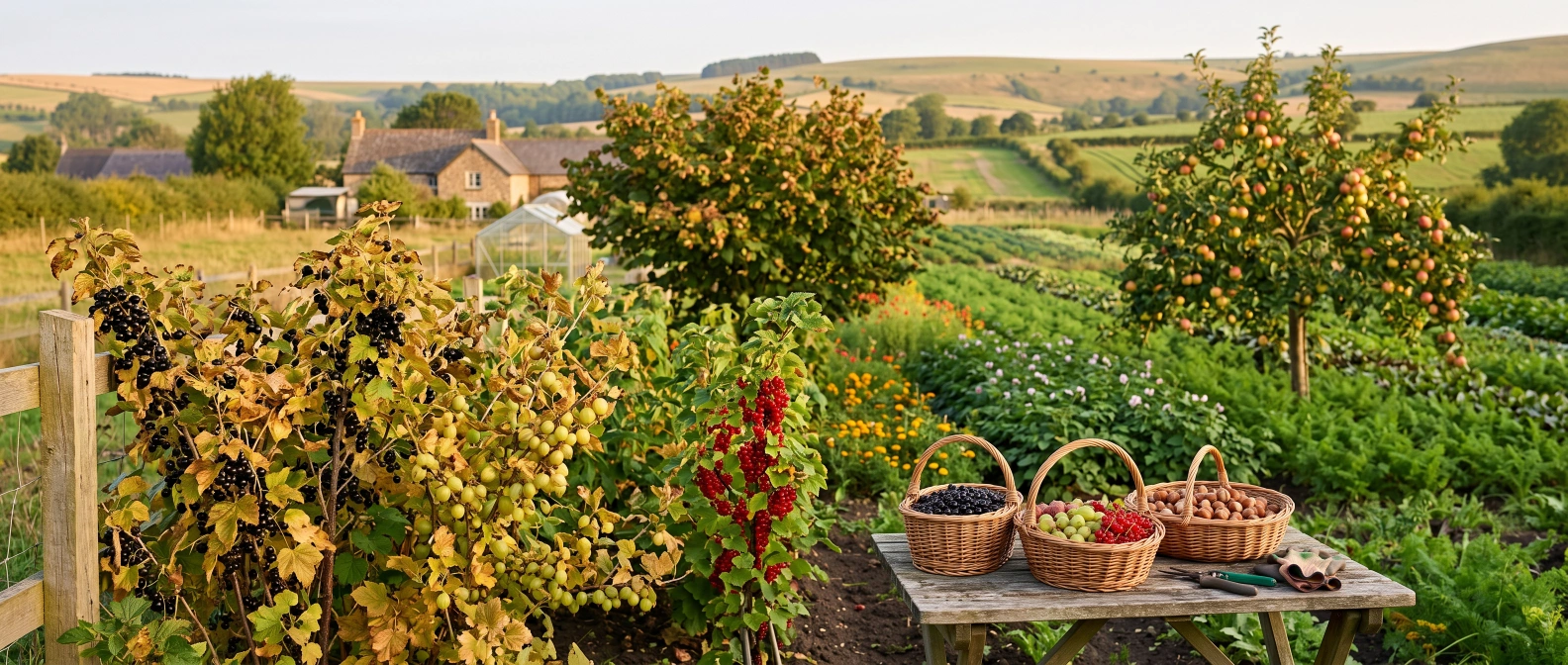 Established fruit bushes and a nut tree heavy with ripe fruit in a homestead garden
