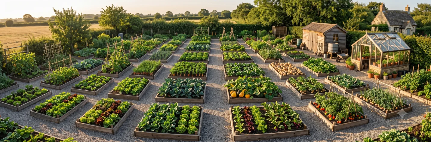 Overhead view of an organised vegetable garden with neat rows of beds