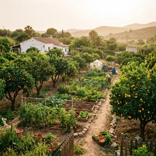 Subtropical smallholding with citrus trees and vegetable rows in warm hazy sunlight