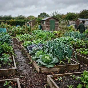 Damp green vegetable allotment with raised beds under an overcast British-style sky