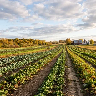 Midwest-style vegetable farm rows under a big open sky with autumn colour