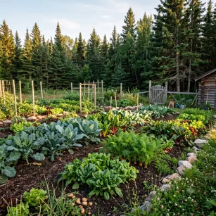 Short-season northern vegetable garden with hardy greens near a spruce forest edge