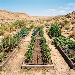 Drought-hardy vegetable garden with drip irrigation in a dusty desert-fringe landscape