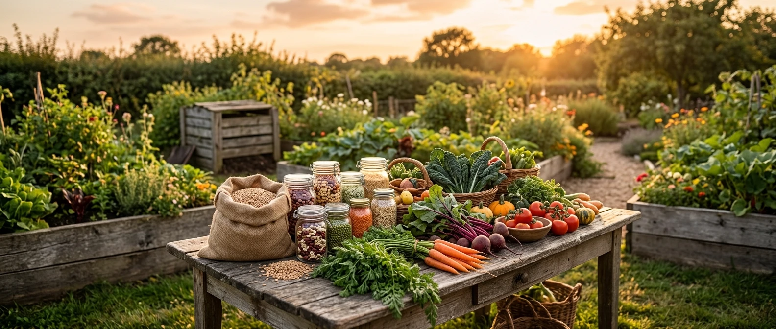 A laden harvest table of grain, dried beans and fresh vegetables set out in a home garden at golden hour