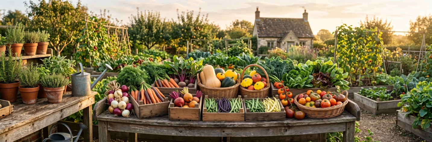 A variety of freshly harvested vegetables in wooden crates