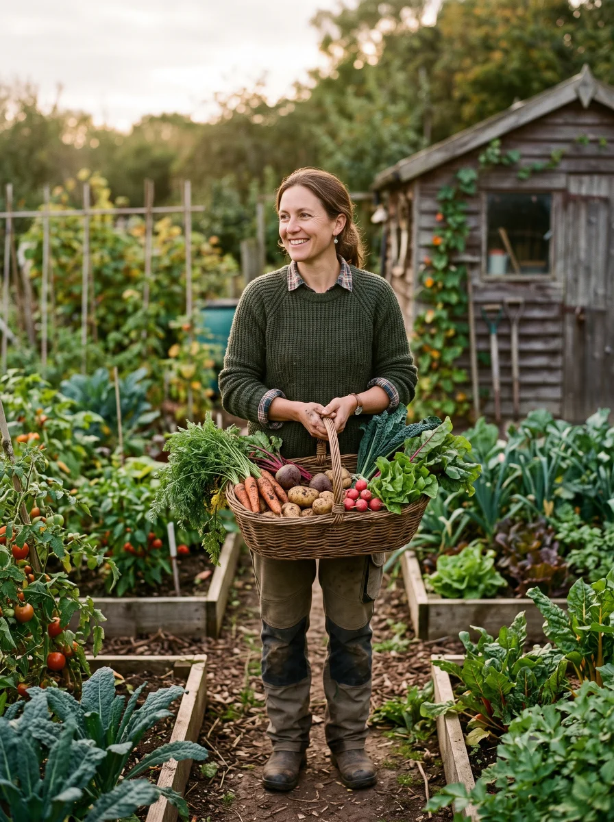 A gardener holding a freshly harvested basket of carrots, beetroot, kale and tomatoes in a home vegetable garden