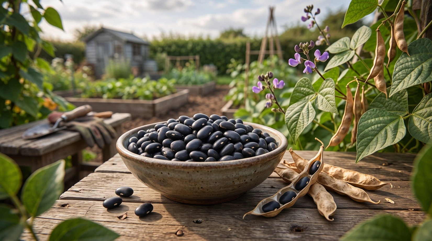 Dried black turtle beans in a bowl beside their dried pods in a home vegetable garden