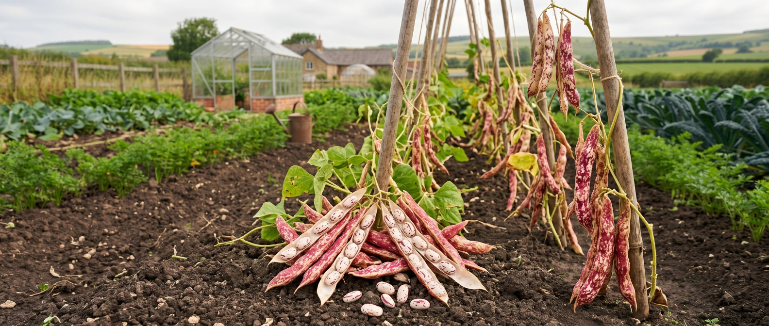Mature bean pods ready for seed saving on home garden plants