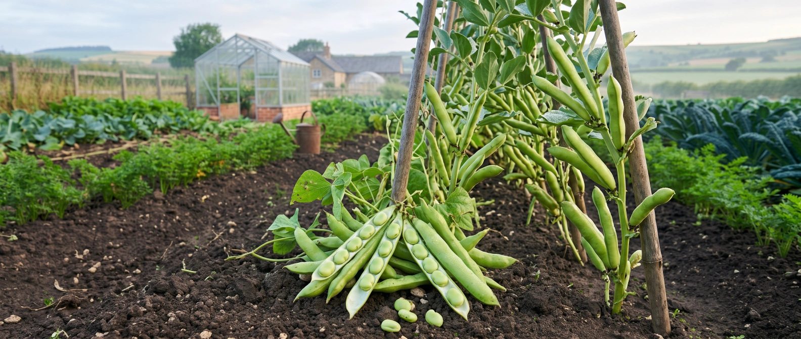 Broad beans growing in cool-season garden