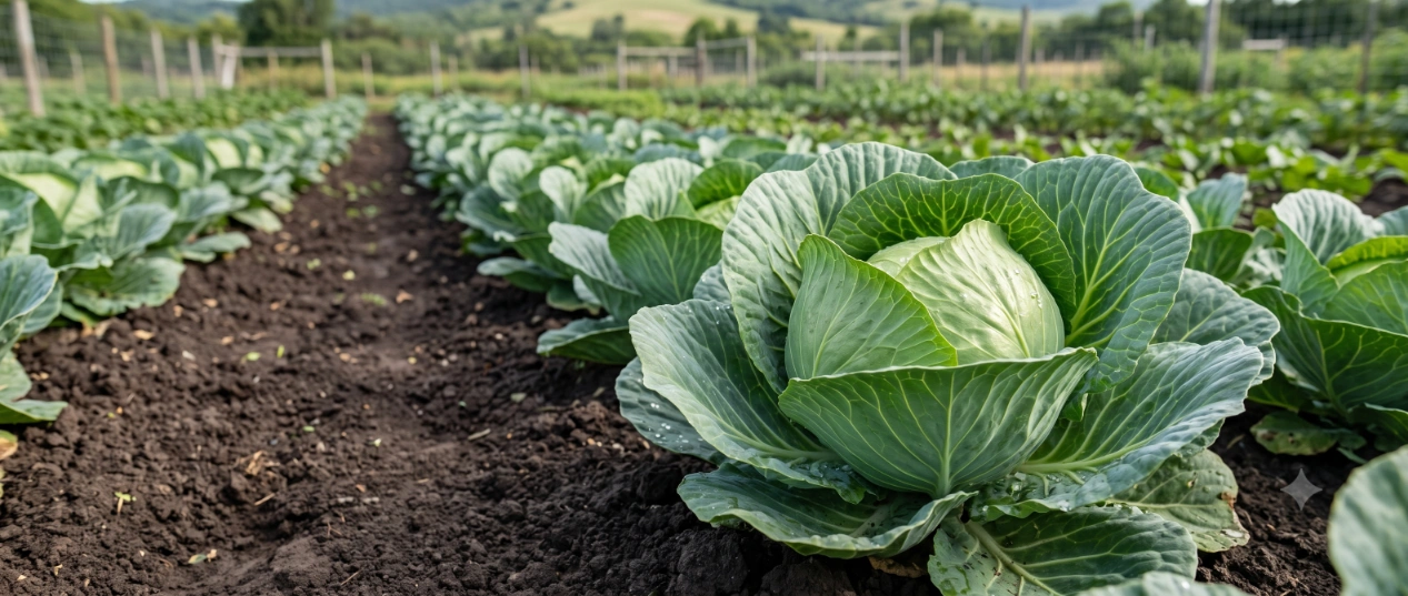 Solid green summer cabbage heads ready for harvest in a home vegetable garden