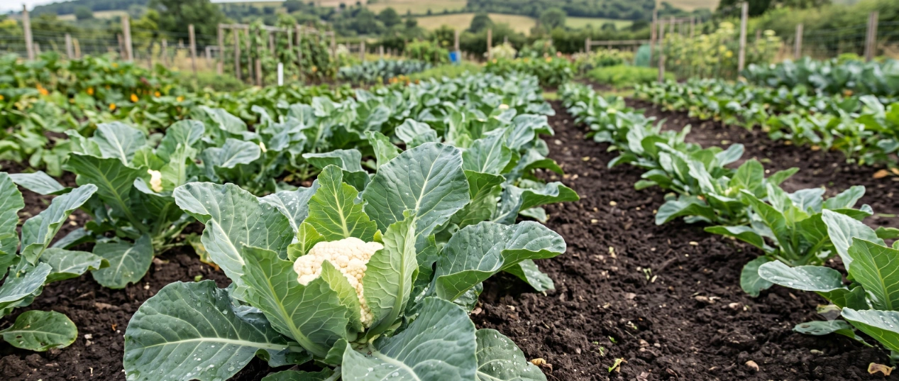 Cauliflower heads with tight white curds ready for harvest in a home vegetable garden