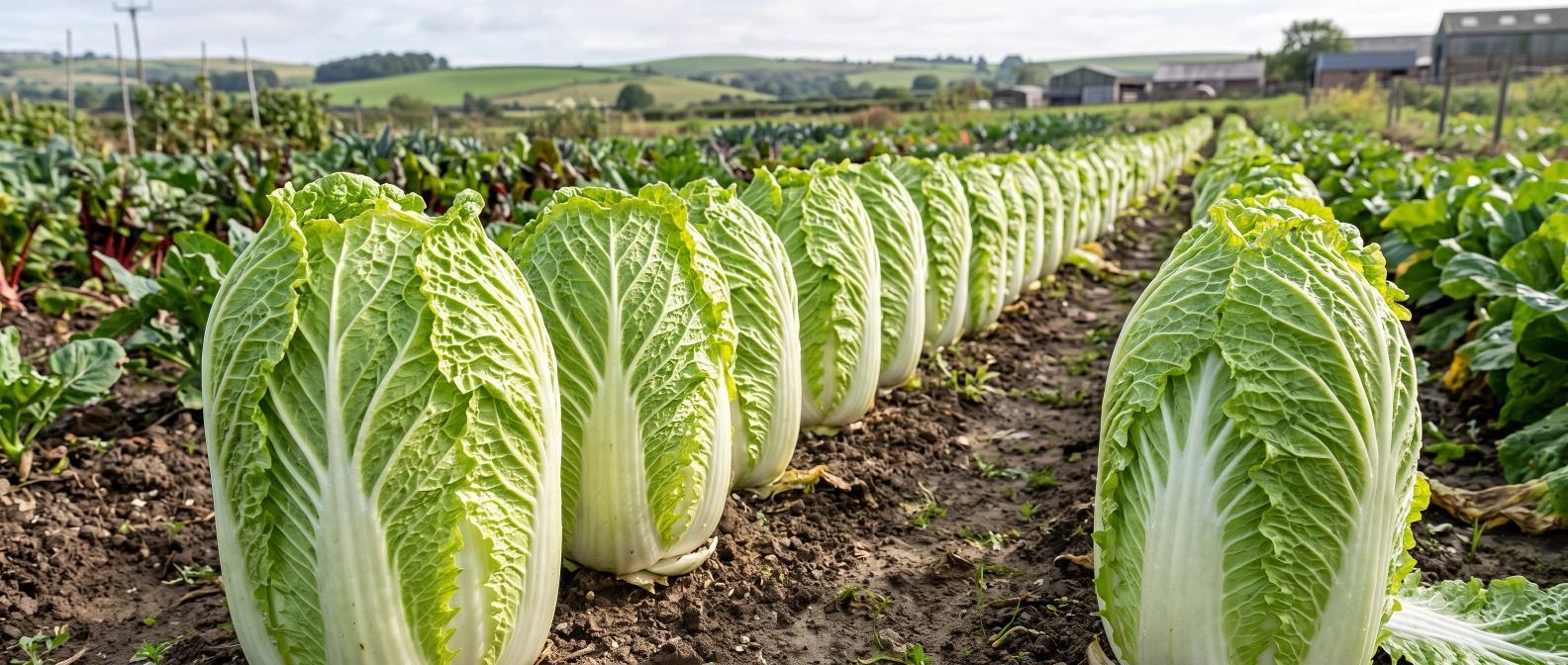 Tightly wrapped Chinese cabbage (napa) heads ready for harvest in a home vegetable garden