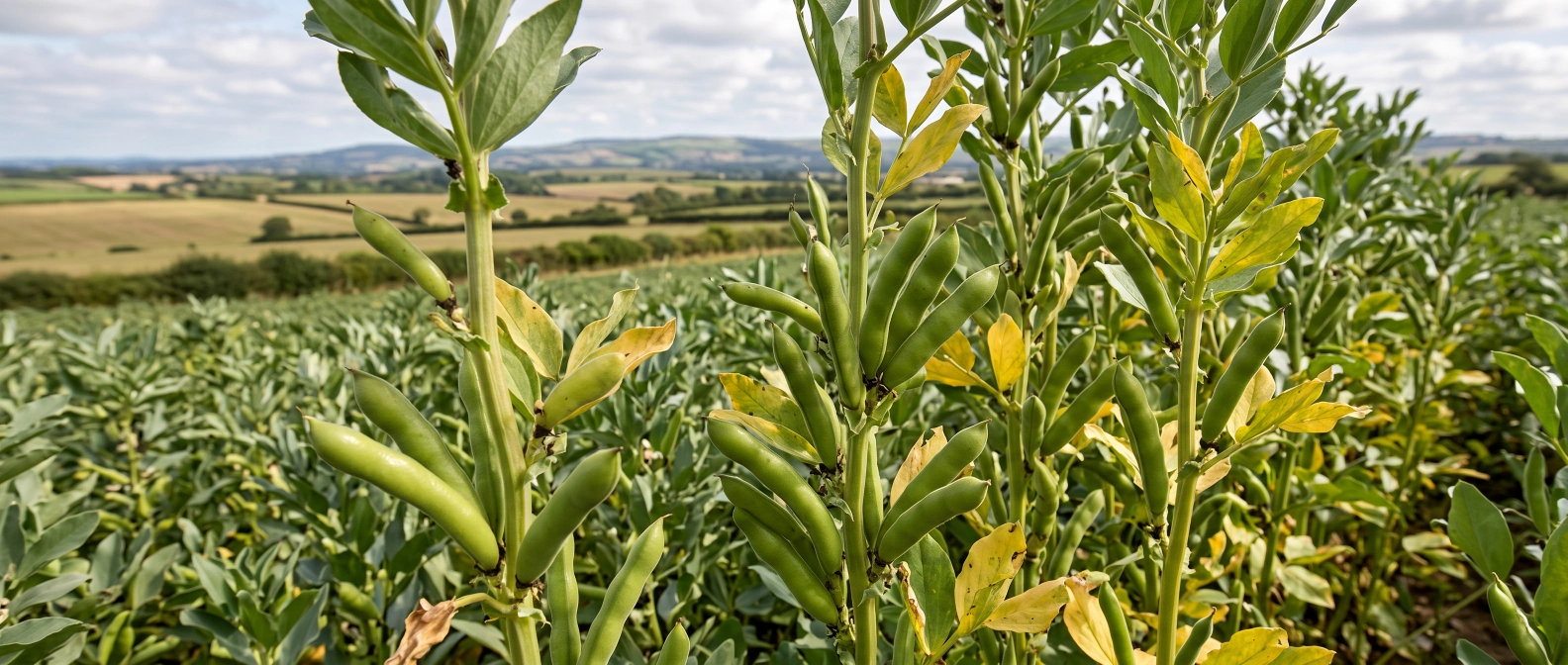 A dense field-scale planting of fava / field bean pods ripening in a home vegetable garden