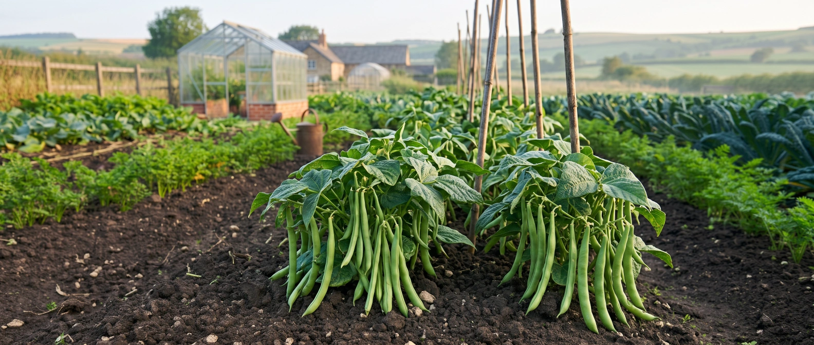 Fresh green French beans hanging on a climbing vine in a home vegetable garden