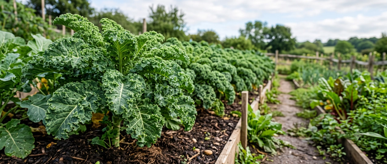 Rows of curly kale growing in raised beds in a home vegetable garden