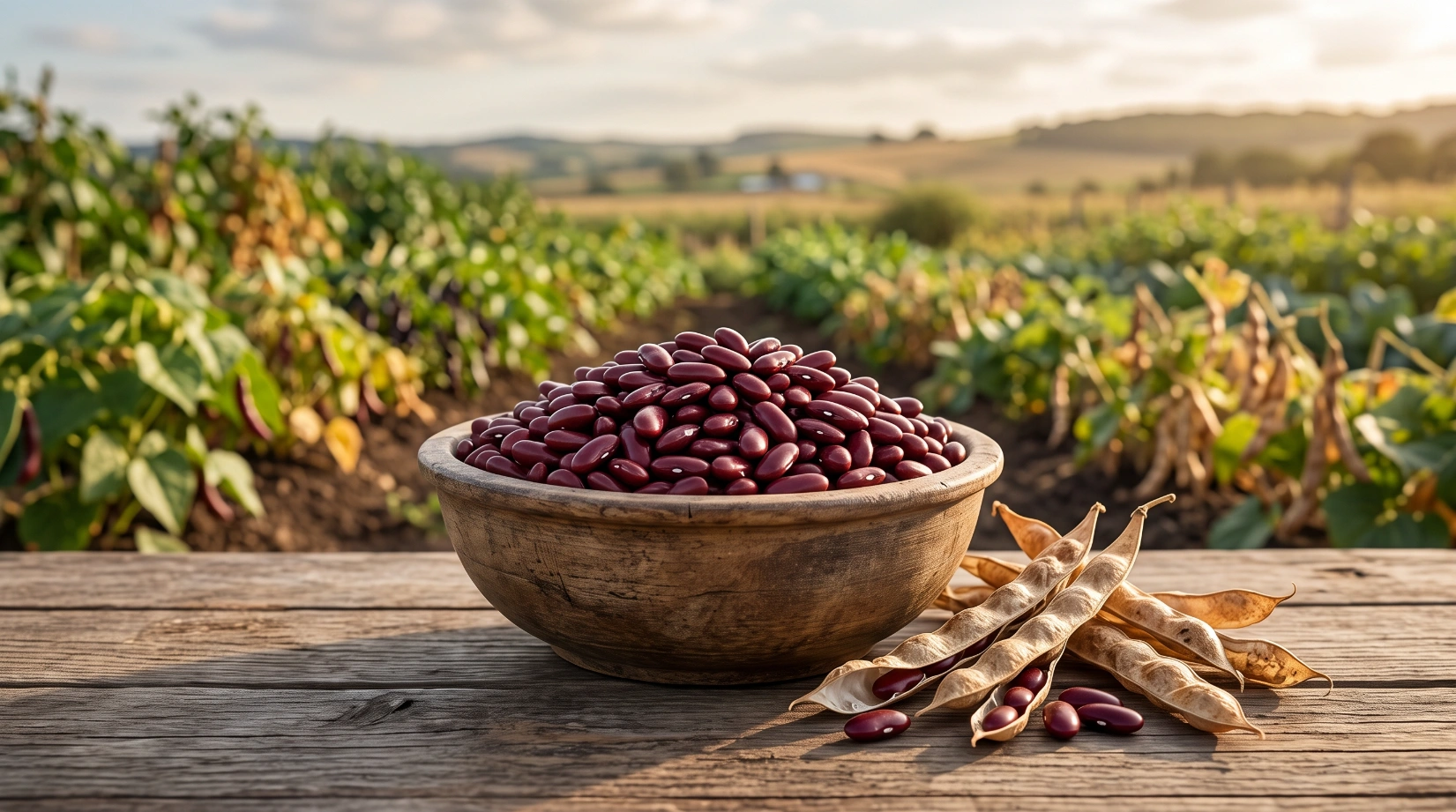 Dried red kidney beans in a bowl beside their dried pods in a home vegetable garden