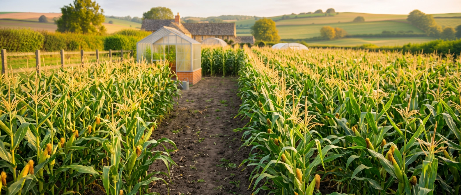 A block-planted stand of flour corn ready for harvest on a homestead