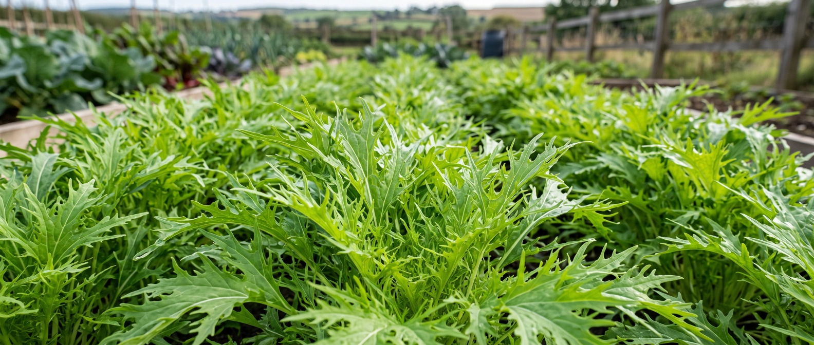 Feathery, deeply cut mizuna leaves growing in a home vegetable garden