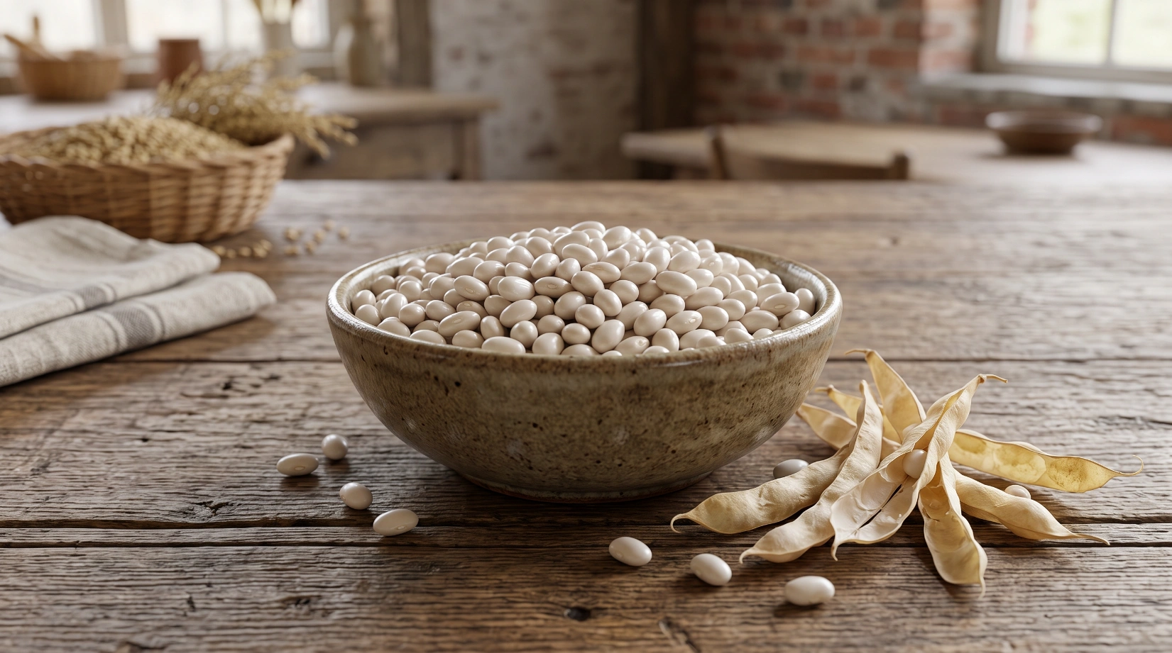 Dried small white navy beans in a bowl beside their dried pods in a home vegetable garden