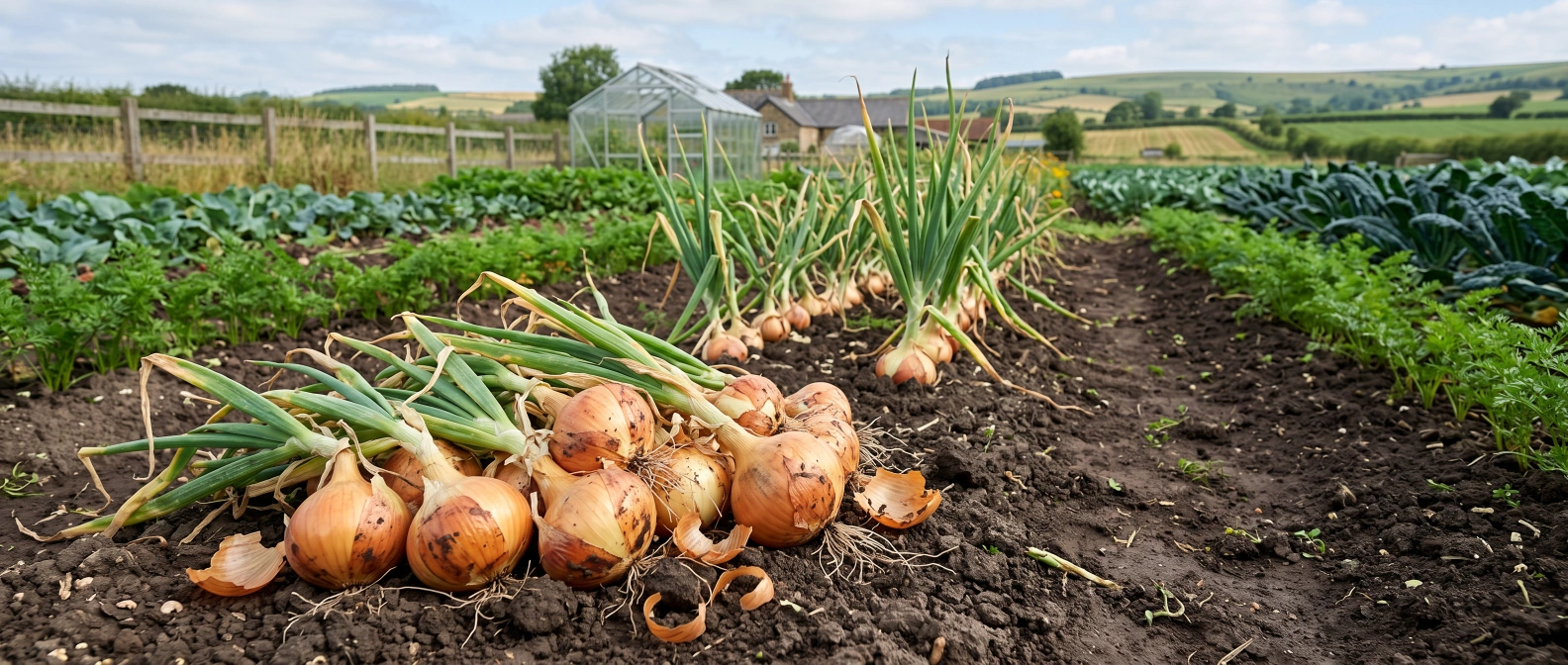 Freshly harvested onions, leeks and shallots in a home vegetable garden