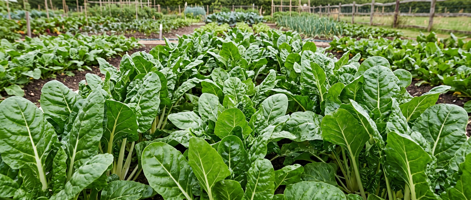 Rows of glossy perpetual spinach leaves growing in a home vegetable garden