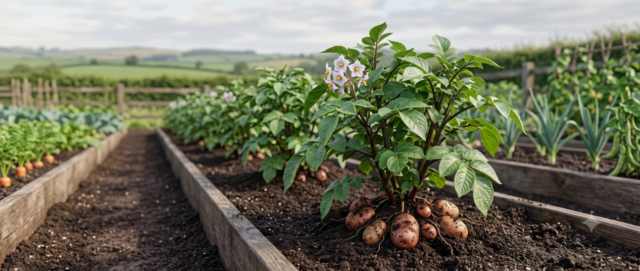 Freshly dug potatoes in a home vegetable garden