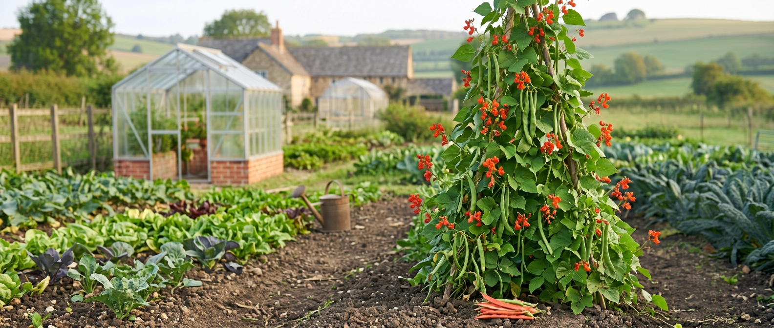 Runner beans growing up support in home garden