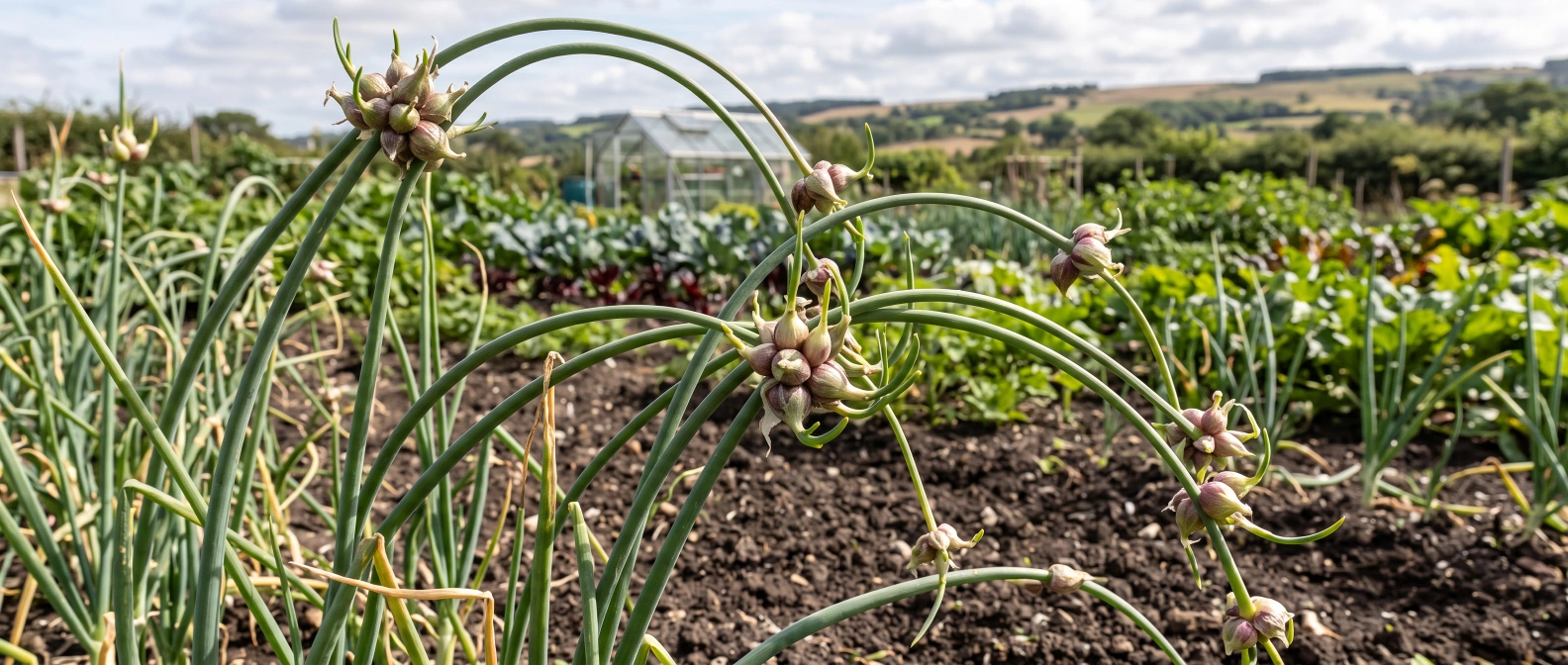 Walking onion stems topped with clusters of small bulbils in a home vegetable garden