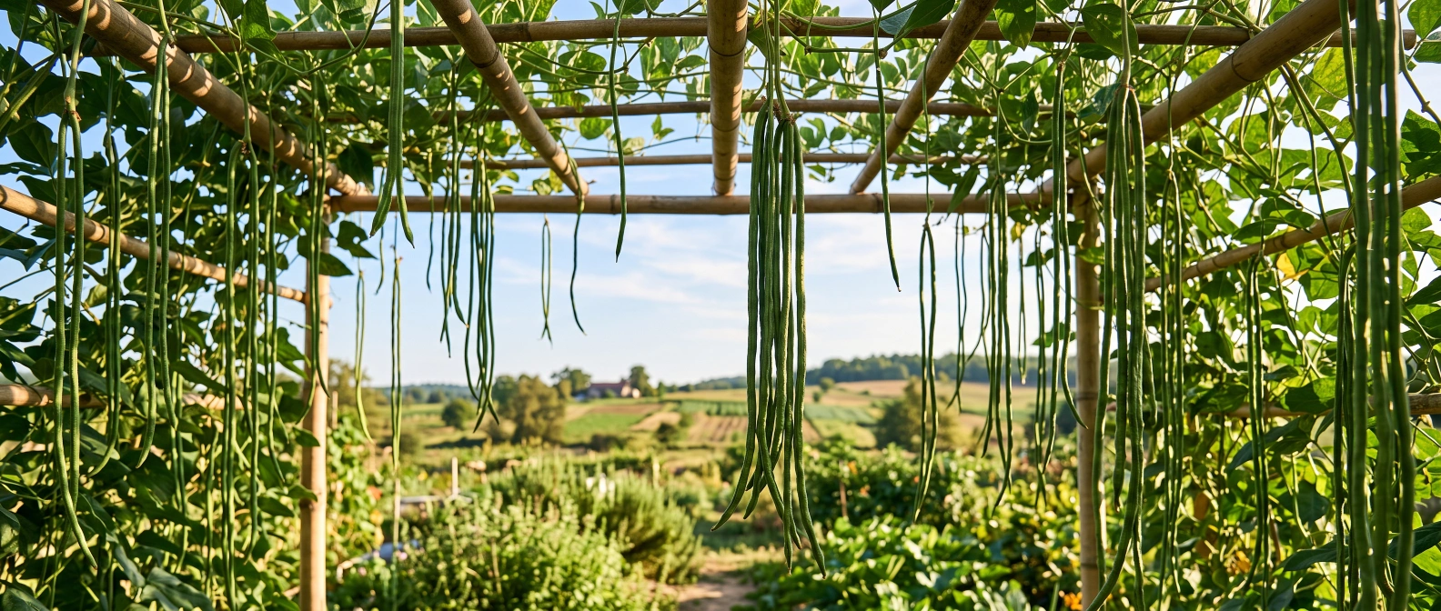 Very long, slender yardlong bean pods hanging from a trellised vine in a home vegetable garden